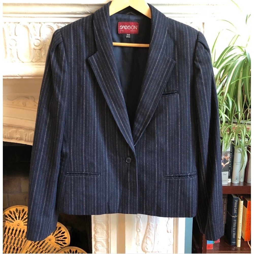 Sasson Women's vintage Navy Pinstripe Double Breasted Blazer Jacket Size 10 11‎